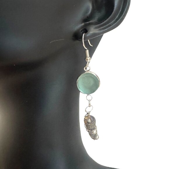 Artisan Aqua Sea Glass & Conch Shell Dangle Earrings with 925 Hooks - Picture 5 of 12